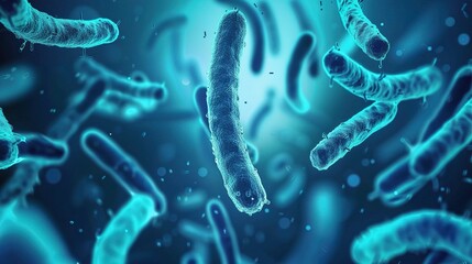 Microscopic view of microorganisms like bacteria and protozoa, showing tiny, diverse shapes in translucent white and pale blue, floating in clear water or on a nutrient medium
