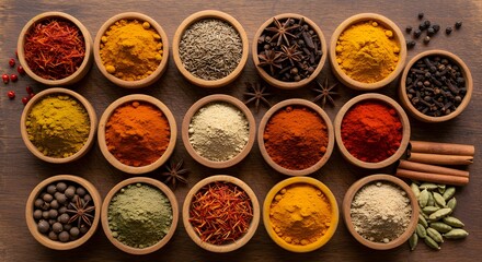 Colorful spice collection on wooden table