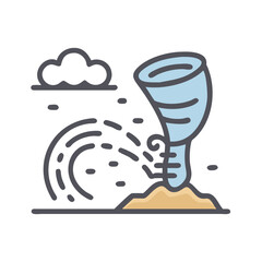 Stylized graphic of a tornado touching down, with swirling winds and ominous clouds above