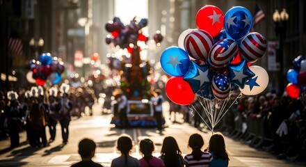 Fototapeta premium Labour Day Street Parade with American Flags and Balloons