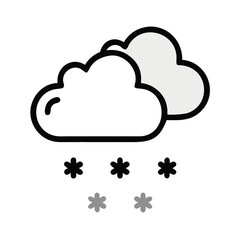 Vector image featuring clouds with snowflakes falling, a minimalist graphic illustration on a black background