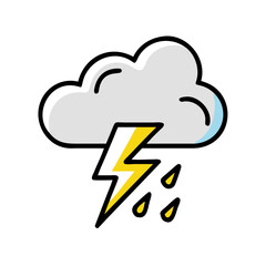 Stylized vector illustration of storm cloud with lightning and rain on a black background