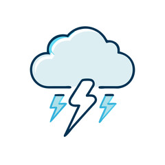 Stylized cloud with lightning bolts illustration in light blue shades on black background
