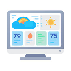 Weather application on desktop computer showing a forecast of temperature, humidity, and sunny conditions