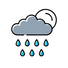 Rainy day icon with a gray cloud and blue raindrops in flat vector style