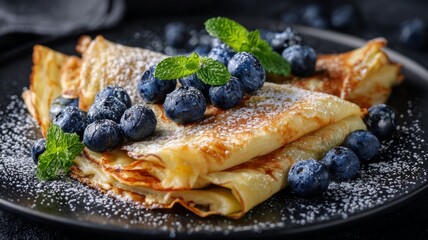 Fresh blueberry crepes on black plate neural network AI generated