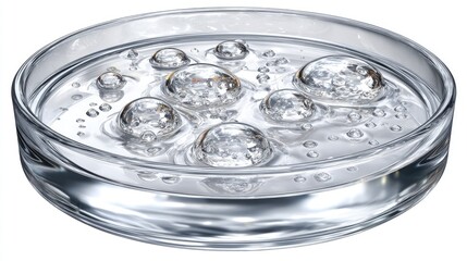 Clear liquid in petri dish, bubbles