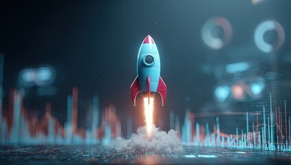 Cartoon rocket launching with smoke and data charts in the background