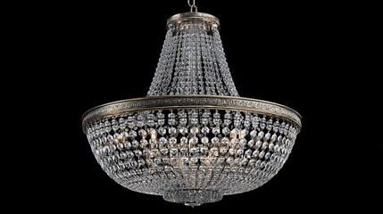 An antique-style, bronze-finished chandelier with a large, bowl-shaped crystal frame, featuring numerous clear faceted crystals hanging in graduated rows, 