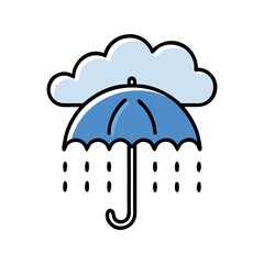 Whimsical weather illustration featuring a blue umbrella under a soft, light blue cloud on a black background