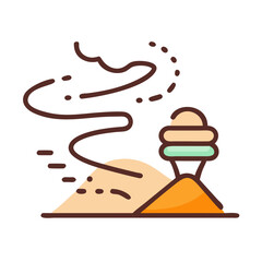 Stylized sand dunes and tower illustration with minimalist design and flat color palette