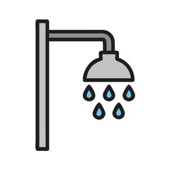 Grey Shower Head Icon Illustration with Blue Water Droplets on Black Background