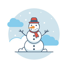 Cheerful Snowman with Hat and Scarf Surrounded by Clouds and Snowflakes Icon