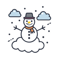 Stylized Snowman with Hat and Scarf Icon on Black Background with Snowfall and Clouds