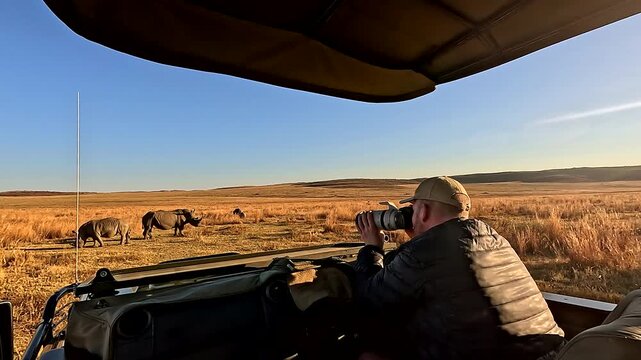 Game ranger in safari truck take photos of white rhino in field for research