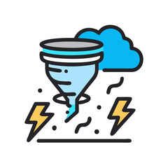Vector illustration depicting severe weather conditions with a tornado and lightning strikes on a black background