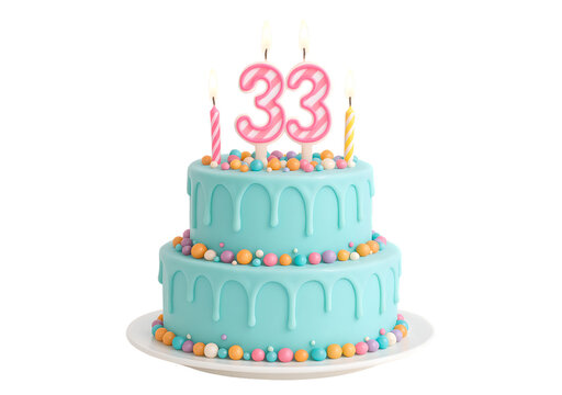 33rd Birthday Cake with Shiny Candle Design Transparent PNG Background