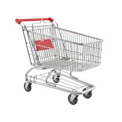 Shiny metal shopping cart with red handle isolated on black for commerce and retail concepts transparent background