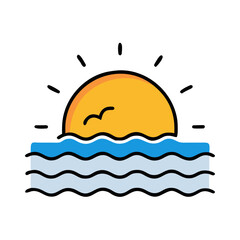 Simple illustration of sunset over the ocean with a bird in flat style