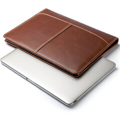 Brown leather laptop sleeve placed over a silver laptop, isolated on white background