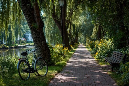Canal path, trees, bike,  peaceful - Powered by Adobe