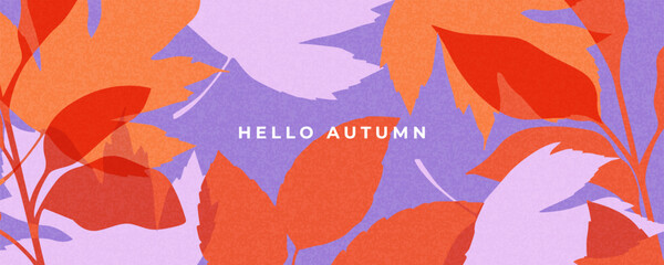 Fototapeta na wymiar Fall season horizontal background with bright abstract autumn leaves. Autumn modern art minimalist style design template for sales, horizontal poster, header, cover, social media, fashion ads, decor.