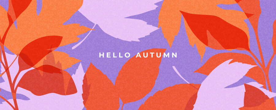 Fall season horizontal background with bright abstract autumn leaves. Autumn modern art minimalist style design template for sales, horizontal poster, header, cover, social media, fashion ads, decor.