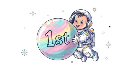 Adorable astronaut baby celebrates first place, a vibrant cosmic design for awards and achievements