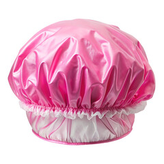 Obraz premium Pink shower cap with ruffles on a white background