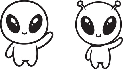 Minimalist black and white alien icons – cute cartoon extraterrestrials with big eyes, waving hands, and playful antennae.