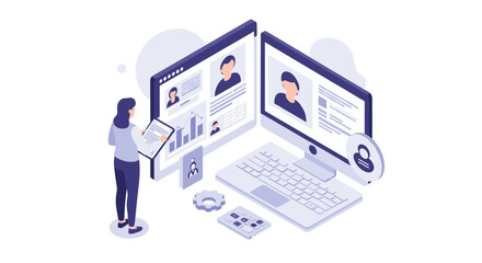Isometric remote work concept with digital profile and charts on dual screens