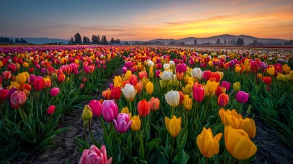 Vibrant tulip field at sunset with warm tones. Neural network AI generated