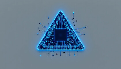 A glowing blue triangle circuit board with a dark square center on a gray background surface