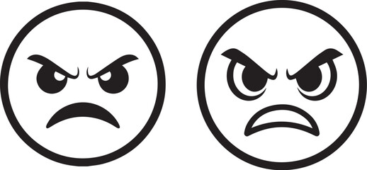 Minimalist black and white angry face icons – bold cartoon expressions with furrowed brows and intense emotional contrast.