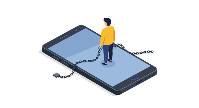 Isometric depiction of digital addiction with person chained to smartphone