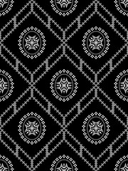 Black and White Pixel Ethnic Pattern. Seamless digital art with a tribal spiral and geometric motif. Ideal for modern textiles, apparel and decor.