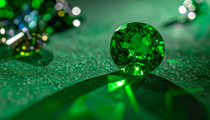Sparkling emerald gemstone centerpiece vibrant green color luxury jewel round cut blurred gemstones in background elegant precious reflective surface close up radiant beauty