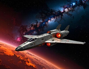 Obraz premium Futuristic Spaceship in Outer Space, Orbiting Planet.