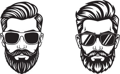 Minimalist black and white hipster face icons – bold cartoon bearded silhouettes with sunglasses and slick hairstyles.