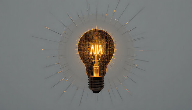 Illuminated lightbulb with binary code pattern and radiating light streaks on a gray background