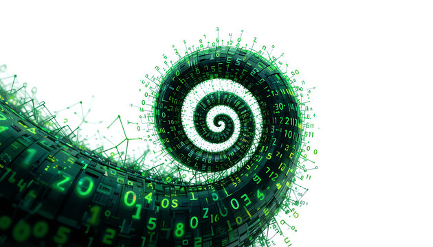 A digital spiral tunnel with glowing green numbers and letters on a white background design element