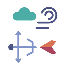 Flat design illustration depicting a cloud, wind, and an arrow and bow against a black backdrop