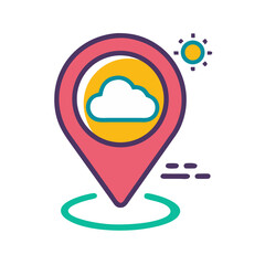 Colorful flat illustration showing a location pin with a cloud and sun icon