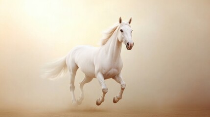 Majestic white horse running gracefully through misty landscape