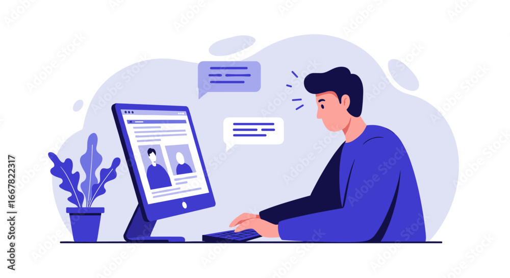 Wall mural man engaging with online profiles and messages on computer in modern workspace setting
