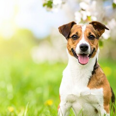 a happy dog enjoying the beautiful summer day with a blossoming tree. The dog is a mix of brown, black, and white, with a friendly smile and a playful nature