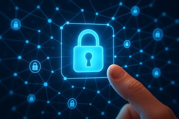 Finger Touching Glowing Blue Digital Padlock Icon on Network Grid cybersecurity security