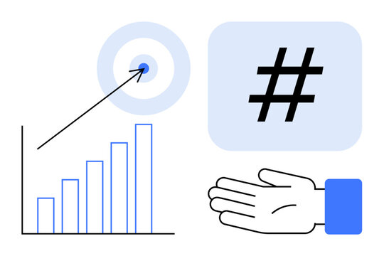 Bar chart with an arrow pointing to a target, bold metadata tag icon, and open hand gesture. Ideal for business strategy, social media, analytics, marketing, opportunity, goal setting simple landing