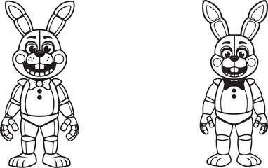 Minimalist black and white bunny character icons – playful cartoon duo with segmented limbs, bowties, and expressive faces.