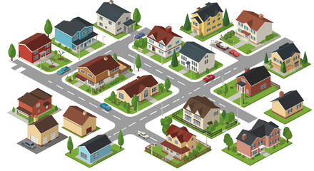 Charming isometric neighborhood with colorful houses and green spaces
